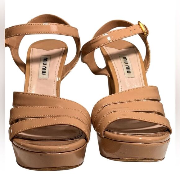 Miu Miu Vernice Block Heel Platform Sandals Size 37 1/2 Tan Nude - Picture 3 of 15